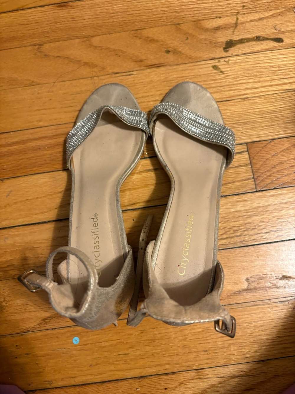 Cityclassified Beige Open-Toe Heels with Silver Crystal Straps